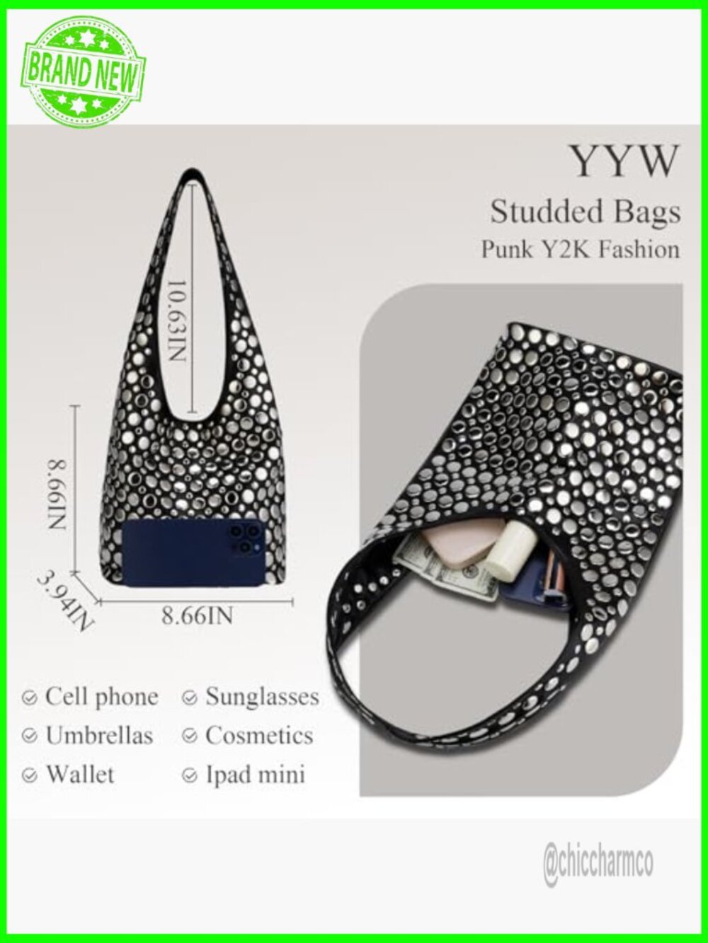 Studded Punk Hobo Shoulder Bag PU Leather Y2K Tote Handbag - Picture 5 of 7